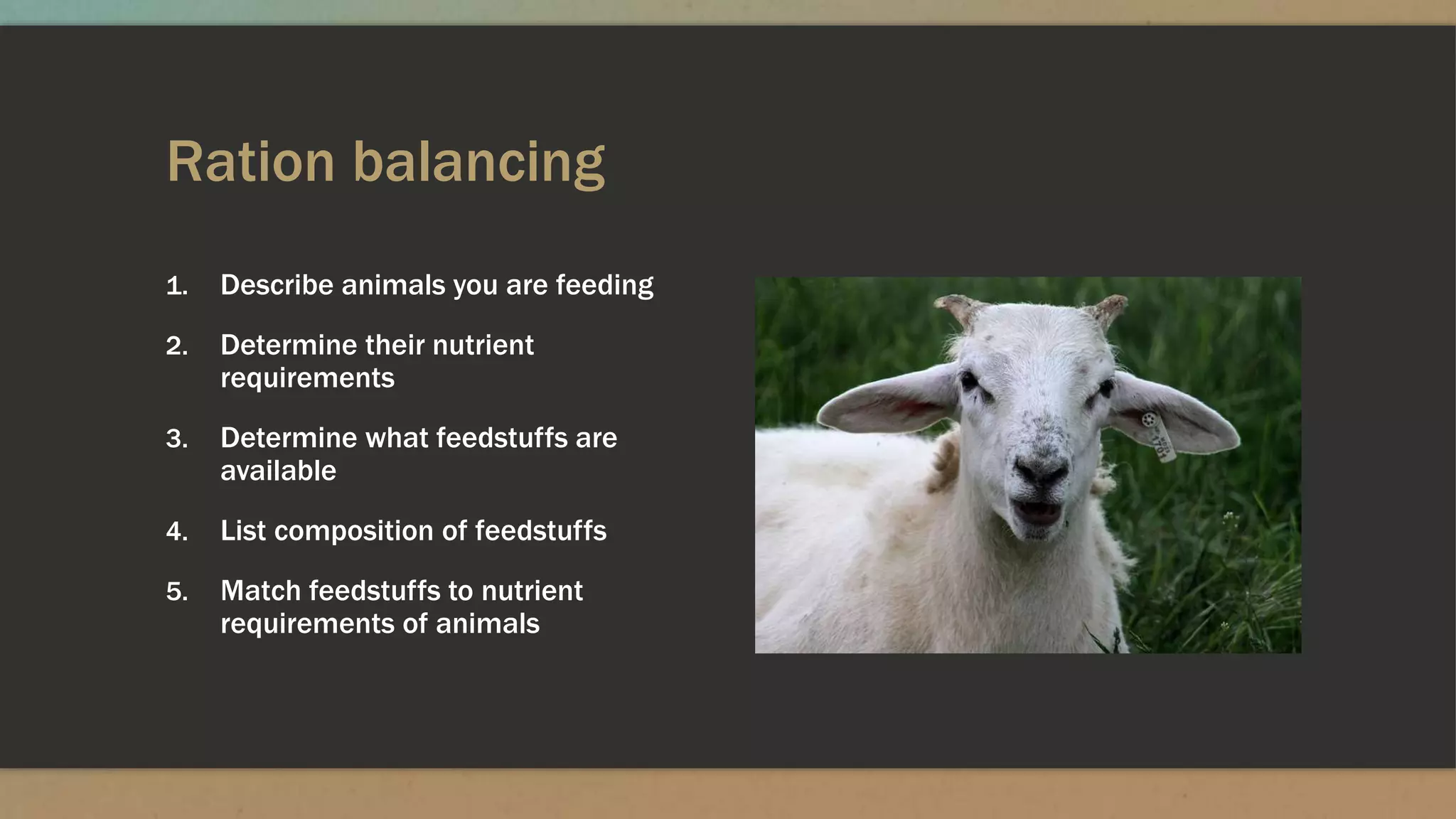 Ration balancing
1. Describe animals you are feeding
2. Determine their nutrient
requirements
3. Determine what feedstuffs are
available
4. List composition of feedstuffs
5. Match feedstuffs to nutrient
requirements of animals
 