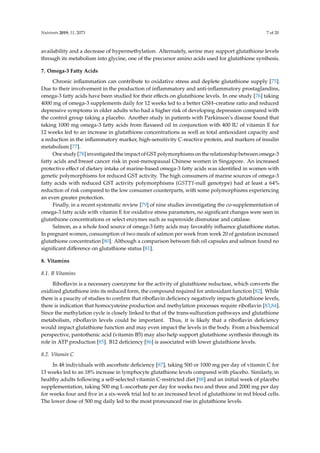 Nutrients 2019, 11, 2073 7 of 20
availability and a decrease of hypermethylation. Alternately, serine may support glutathione levels
through its metabolism into glycine, one of the precursor amino acids used for glutathione synthesis.
7. Omega-3 Fatty Acids
Chronic inflammation can contribute to oxidative stress and deplete glutathione supply [75].
Due to their involvement in the production of inflammatory and anti-inflammatory prostaglandins,
omega-3 fatty acids have been studied for their effects on glutathione levels. In one study [76] taking
4000 mg of omega-3 supplements daily for 12 weeks led to a better GSH–creatine ratio and reduced
depressive symptoms in older adults who had a higher risk of developing depression compared with
the control group taking a placebo. Another study in patients with Parkinson’s disease found that
taking 1000 mg omega-3 fatty acids from flaxseed oil in conjunction with 400 IU of vitamin E for
12 weeks led to an increase in glutathione concentrations as well as total antioxidant capacity and
a reduction in the inflammatory marker, high-sensitivity C-reactive protein, and markers of insulin
metabolism [77].
One study [78] investigated the impact of GST polymorphisms on the relationship between omega-3
fatty acids and breast cancer risk in post-menopausal Chinese women in Singapore. An increased
protective effect of dietary intake of marine-based omega-3 fatty acids was identified in women with
genetic polymorphisms for reduced GST activity. The high consumers of marine sources of omega-3
fatty acids with reduced GST activity polymorphisms (GSTT1-null genotype) had at least a 64%
reduction of risk compared to the low consumer counterparts, with some polymorphisms experiencing
an even greater protection.
Finally, in a recent systematic review [79] of nine studies investigating the co-supplementation of
omega-3 fatty acids with vitamin E for oxidative stress parameters, no significant changes were seen in
glutathione concentrations or select enzymes such as superoxide dismutase and catalase.
Salmon, as a whole food source of omega-3 fatty acids may favorably influence glutathione status.
In pregnant women, consumption of two meals of salmon per week from week 20 of gestation increased
glutathione concentration [80]. Although a comparison between fish oil capsules and salmon found no
significant difference on glutathione status [81].
8. Vitamins
8.1. B Vitamins
Riboflavin is a necessary coenzyme for the activity of glutathione reductase, which converts the
oxidized glutathione into its reduced form, the compound required for antioxidant function [82]. While
there is a paucity of studies to confirm that riboflavin deficiency negatively impacts glutathione levels,
there is indication that homocysteine production and methylation processes require riboflavin [83,84].
Since the methylation cycle is closely linked to that of the trans-sulfuration pathways and glutathione
metabolism, riboflavin levels could be important. Thus, it is likely that a riboflavin deficiency
would impact glutathione function and may even impact the levels in the body. From a biochemical
perspective, pantothenic acid (vitamin B5) may also help support glutathione synthesis through its
role in ATP production [85]. B12 deficiency [86] is associated with lower glutathione levels.
8.2. Vitamin C
In 48 individuals with ascorbate deficiency [87], taking 500 or 1000 mg per day of vitamin C for
13 weeks led to an 18% increase in lymphocyte glutathione levels compared with placebo. Similarly, in
healthy adults following a self-selected vitamin C-restricted diet [88] and an initial week of placebo
supplementation, taking 500 mg L-ascorbate per day for weeks two and three and 2000 mg per day
for weeks four and five in a six-week trial led to an increased level of glutathione in red blood cells.
The lower dose of 500 mg daily led to the most pronounced rise in glutathione levels.
 