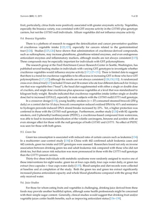 Nutrients 2019, 11, 2073 9 of 20
fruit, particularly, citrus fruits were positively associated with greater enzymatic activity. Vegetables,
especially the brassica variety, was correlated with GST enzyme activity in the GSTM1-plus genotype
carriers, but not the GSTM1-null individuals. Allium vegetables did not influence enzyme activity.
9.4. Brassica Vegetables
There is a plethora of research to suggest the detoxification and cancer preventative qualities
of cruciferous vegetable intake [122,123], especially for cancers related to the gastrointestinal
tract [124]. Studies [125,126] have shown that administration of cruciferous-derived compounds,
such as sulforaphane, may increase glutathione, glutathione-related enzymes, and even endogenous
antioxidant enzymes and inflammatory markers, although results are not always consistent [115].
These compounds may be especially important for individuals with GST polymorphisms.
The research group at the Fred Hutchinson Cancer Research Center in Seattle, Washington, has
published several feeding studies in individuals with varying GST genotypes to investigate whether
cruciferous vegetables would influence enzyme activity [117,127–131]. There is limited data to suggest
that there is a trend for cruciferous vegetables to be efficacious in increasing GST in those who have GST
polymorphisms [117,127] although the results are not always consistent [128,130,132]. A randomized
cross-over clinical trial [127] included 33 men and 34 women who ate four different diets each for 14 days:
one that was vegetable-free (“basal”), the basal diet supplemented with either a single or double dose
of crucifers, and single dose cruciferous plus apiaceous vegetables at a level that was standardized to
kilogram body weight. Results indicated that cruciferous vegetables intake (either single or double
dose) led to increased GSTA1/2, especially in male subjects with the GSTM1-null/GSTT1-null genotype.
In a crossover design [133], young healthy smokers (n = 27) consumed steamed broccoli (250 g
daily) or a control diet for 10 days; broccoli consumption reduced oxidized DNA by 41% and resistance
to hydrogen peroxide-induced DNA strand breaks increased by 23%. Yet, a higher protection was
conferred in those with the GSTM1-null genotype. Furthermore, another study [124] with 82 cigarette
smokers, oral 2-phenethyl isothiocyanate (PEITC), a cruciferous-based compound from watercress,
was able to lead to increased detoxification of the volatile carcinogens, benzene and acrolein with an
even stronger effect for those with the null genotype of both GSTM1 and GSTT1. No effect of PEITC
was seen for those with both genes.
9.5. Green Tea
Green tea consumption is associated with reduced rates of certain cancers such as leukemia [134].
In a multicenter case–control study [134] in China with 442 confirmed adult leukemia cases and
442 controls, green tea intake and GST genotypes were assessed. Researchers found not only an inverse
association between drinking green tea and adult leukemia risk compared with those who did not
drink tea, but that cancer risk reduction was more pronounced in those with the GSTT1-null genotype
than the GSTT1-present carriers.
Thirty-five obese individuals with metabolic syndrome were randomly assigned to receive one of
these interventions for eight weeks: green tea at four cups daily, four cups water daily, or green tea
extract (two capsules + four cups water daily) [135]. Blood samples and diet records were collected
at baseline and at completion of the study. Both the green tea and green tea extract significantly
increased plasma antioxidant capacity and whole blood glutathione compared with the group that
only received water.
9.6. Juice Studies
For those for whom eating fruits and vegetables is challenging, drinking juice derived from these
foods may provide another healthful option, although some health professionals might be concerned
with their simple sugar content. Generally, clinical studies would suggest that drinking fruit and/or
vegetable juices confer health benefits, such as improving antioxidant status [136–139].
 