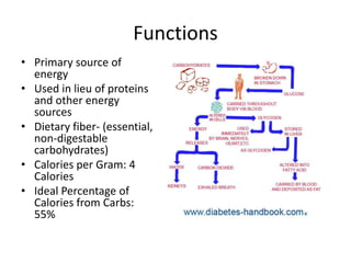Functions
• Primary source of
  energy
• Used in lieu of proteins
  and other energy
  sources
• Dietary fiber- (essential,
  non-digestable
  carbohydrates)
• Calories per Gram: 4
  Calories
• Ideal Percentage of
  Calories from Carbs:
  55%
 