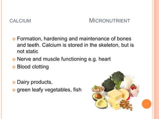CALCIUM                           MICRONUTRIENT


 Formation, hardening and maintenance of bones
  and teeth. Calcium is stored in the skeleton, but is
  not static
 Nerve and muscle functioning e.g. heart

 Blood clotting



 Dairy products,
 green leafy vegetables, fish
 