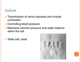 SODIUM

 Transmission of nerve impulses and muscle
  contraction
 Controlling blood pressure

 Maintains osmotic pressure and water balance
  within the cell

   Table salt, meat
 