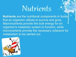 The main nutrients are proteins,
carbohydrates, fats, vitamins and
minerals. Each nutrient has a
different purpose.
Nutrients are the nutritional components in foods
that an organism utilizes to survive and grow.
Macronutrients provide the bulk energy for an
organism's metabolic system to function, while
micronutrients provide the necessary cofactors for
metabolism to be carried out.
 