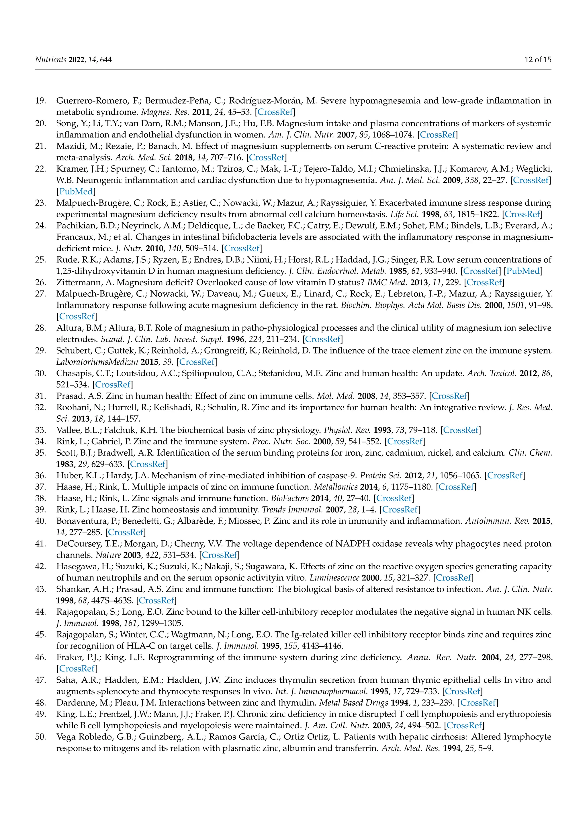 Nutrients 2022, 14, 644 12 of 15
19. Guerrero-Romero, F.; Bermudez-Peña, C.; Rodríguez-Morán, M. Severe hypomagnesemia and low-grade inflammation in
metabolic syndrome. Magnes. Res. 2011, 24, 45–53. [CrossRef]
20. Song, Y.; Li, T.Y.; van Dam, R.M.; Manson, J.E.; Hu, F.B. Magnesium intake and plasma concentrations of markers of systemic
inflammation and endothelial dysfunction in women. Am. J. Clin. Nutr. 2007, 85, 1068–1074. [CrossRef]
21. Mazidi, M.; Rezaie, P.; Banach, M. Effect of magnesium supplements on serum C-reactive protein: A systematic review and
meta-analysis. Arch. Med. Sci. 2018, 14, 707–716. [CrossRef]
22. Kramer, J.H.; Spurney, C.; Iantorno, M.; Tziros, C.; Mak, I.-T.; Tejero-Taldo, M.I.; Chmielinska, J.J.; Komarov, A.M.; Weglicki,
W.B. Neurogenic inflammation and cardiac dysfunction due to hypomagnesemia. Am. J. Med. Sci. 2009, 338, 22–27. [CrossRef]
[PubMed]
23. Malpuech-Brugère, C.; Rock, E.; Astier, C.; Nowacki, W.; Mazur, A.; Rayssiguier, Y. Exacerbated immune stress response during
experimental magnesium deficiency results from abnormal cell calcium homeostasis. Life Sci. 1998, 63, 1815–1822. [CrossRef]
24. Pachikian, B.D.; Neyrinck, A.M.; Deldicque, L.; de Backer, F.C.; Catry, E.; Dewulf, E.M.; Sohet, F.M.; Bindels, L.B.; Everard, A.;
Francaux, M.; et al. Changes in intestinal bifidobacteria levels are associated with the inflammatory response in magnesium-
deficient mice. J. Nutr. 2010, 140, 509–514. [CrossRef]
25. Rude, R.K.; Adams, J.S.; Ryzen, E.; Endres, D.B.; Niimi, H.; Horst, R.L.; Haddad, J.G.; Singer, F.R. Low serum concentrations of
1,25-dihydroxyvitamin D in human magnesium deficiency. J. Clin. Endocrinol. Metab. 1985, 61, 933–940. [CrossRef] [PubMed]
26. Zittermann, A. Magnesium deficit? Overlooked cause of low vitamin D status? BMC Med. 2013, 11, 229. [CrossRef]
27. Malpuech-Brugère, C.; Nowacki, W.; Daveau, M.; Gueux, E.; Linard, C.; Rock, E.; Lebreton, J.-P.; Mazur, A.; Rayssiguier, Y.
Inflammatory response following acute magnesium deficiency in the rat. Biochim. Biophys. Acta Mol. Basis Dis. 2000, 1501, 91–98.
[CrossRef]
28. Altura, B.M.; Altura, B.T. Role of magnesium in patho-physiological processes and the clinical utility of magnesium ion selective
electrodes. Scand. J. Clin. Lab. Invest. Suppl. 1996, 224, 211–234. [CrossRef]
29. Schubert, C.; Guttek, K.; Reinhold, A.; Grüngreiff, K.; Reinhold, D. The influence of the trace element zinc on the immune system.
LaboratoriumsMedizin 2015, 39. [CrossRef]
30. Chasapis, C.T.; Loutsidou, A.C.; Spiliopoulou, C.A.; Stefanidou, M.E. Zinc and human health: An update. Arch. Toxicol. 2012, 86,
521–534. [CrossRef]
31. Prasad, A.S. Zinc in human health: Effect of zinc on immune cells. Mol. Med. 2008, 14, 353–357. [CrossRef]
32. Roohani, N.; Hurrell, R.; Kelishadi, R.; Schulin, R. Zinc and its importance for human health: An integrative review. J. Res. Med.
Sci. 2013, 18, 144–157.
33. Vallee, B.L.; Falchuk, K.H. The biochemical basis of zinc physiology. Physiol. Rev. 1993, 73, 79–118. [CrossRef]
34. Rink, L.; Gabriel, P. Zinc and the immune system. Proc. Nutr. Soc. 2000, 59, 541–552. [CrossRef]
35. Scott, B.J.; Bradwell, A.R. Identification of the serum binding proteins for iron, zinc, cadmium, nickel, and calcium. Clin. Chem.
1983, 29, 629–633. [CrossRef]
36. Huber, K.L.; Hardy, J.A. Mechanism of zinc-mediated inhibition of caspase-9. Protein Sci. 2012, 21, 1056–1065. [CrossRef]
37. Haase, H.; Rink, L. Multiple impacts of zinc on immune function. Metallomics 2014, 6, 1175–1180. [CrossRef]
38. Haase, H.; Rink, L. Zinc signals and immune function. BioFactors 2014, 40, 27–40. [CrossRef]
39. Rink, L.; Haase, H. Zinc homeostasis and immunity. Trends Immunol. 2007, 28, 1–4. [CrossRef]
40. Bonaventura, P.; Benedetti, G.; Albarède, F.; Miossec, P. Zinc and its role in immunity and inflammation. Autoimmun. Rev. 2015,
14, 277–285. [CrossRef]
41. DeCoursey, T.E.; Morgan, D.; Cherny, V.V. The voltage dependence of NADPH oxidase reveals why phagocytes need proton
channels. Nature 2003, 422, 531–534. [CrossRef]
42. Hasegawa, H.; Suzuki, K.; Suzuki, K.; Nakaji, S.; Sugawara, K. Effects of zinc on the reactive oxygen species generating capacity
of human neutrophils and on the serum opsonic activityin vitro. Luminescence 2000, 15, 321–327. [CrossRef]
43. Shankar, A.H.; Prasad, A.S. Zinc and immune function: The biological basis of altered resistance to infection. Am. J. Clin. Nutr.
1998, 68, 447S–463S. [CrossRef]
44. Rajagopalan, S.; Long, E.O. Zinc bound to the killer cell-inhibitory receptor modulates the negative signal in human NK cells.
J. Immunol. 1998, 161, 1299–1305.
45. Rajagopalan, S.; Winter, C.C.; Wagtmann, N.; Long, E.O. The Ig-related killer cell inhibitory receptor binds zinc and requires zinc
for recognition of HLA-C on target cells. J. Immunol. 1995, 155, 4143–4146.
46. Fraker, P.J.; King, L.E. Reprogramming of the immune system during zinc deficiency. Annu. Rev. Nutr. 2004, 24, 277–298.
[CrossRef]
47. Saha, A.R.; Hadden, E.M.; Hadden, J.W. Zinc induces thymulin secretion from human thymic epithelial cells In vitro and
augments splenocyte and thymocyte responses In vivo. Int. J. Immunopharmacol. 1995, 17, 729–733. [CrossRef]
48. Dardenne, M.; Pleau, J.M. Interactions between zinc and thymulin. Metal Based Drugs 1994, 1, 233–239. [CrossRef]
49. King, L.E.; Frentzel, J.W.; Mann, J.J.; Fraker, P.J. Chronic zinc deficiency in mice disrupted T cell lymphopoiesis and erythropoiesis
while B cell lymphopoiesis and myelopoiesis were maintained. J. Am. Coll. Nutr. 2005, 24, 494–502. [CrossRef]
50. Vega Robledo, G.B.; Guinzberg, A.L.; Ramos García, C.; Ortiz Ortiz, L. Patients with hepatic cirrhosis: Altered lymphocyte
response to mitogens and its relation with plasmatic zinc, albumin and transferrin. Arch. Med. Res. 1994, 25, 5–9.
 