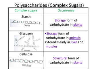 Polysaccharides (Complex Sugars)
Complex sugars Occurrence
Starch
Storage form of
carbohydrate in plants
Glycogen •Storage form of
carbohydrate in animals
•Stored mainly in liver and
muscles
Cellulose
Structural form of
carbohydrate in plants
 