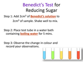 Benedict’s Test for
Reducing Sugar
Step 1: Add 2cm³ of Benedict’s solution to
2cm³ of sample. Shake well to mix.
Step 2: Place test tube in a water bath
containing boiling water for 5 mins.
Step 3: Observe the change in colour and
record your observations.
 