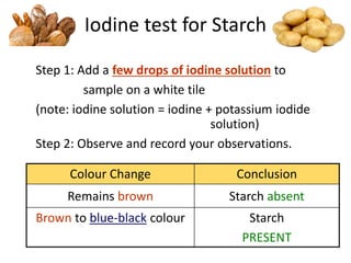 Iodine test for Starch
Step 1: Add a few drops of iodine solution to
sample on a white tile
(note: iodine solution = iodine + potassium iodide
solution)
Step 2: Observe and record your observations.
Colour Change Conclusion
Remains brown Starch absent
Brown to blue-black colour Starch
PRESENT
 