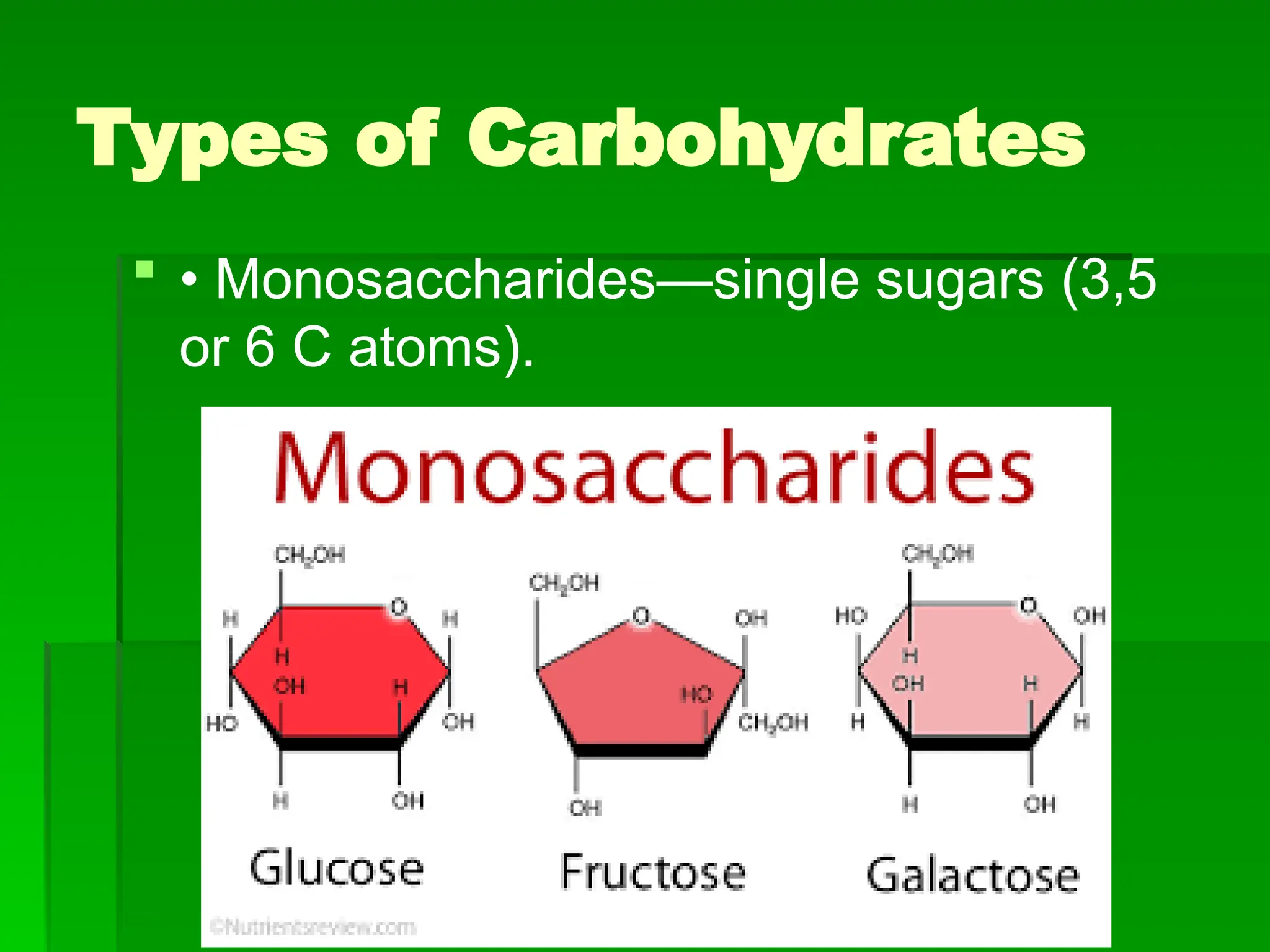 Types of Carbohydrates
 • Monosaccharides—single sugars (3,5
or 6 C atoms).
 