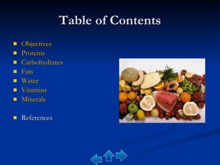 Table of Contents Objectives Proteins Carbohydrates Fats Water Vitamins Minerals References 
