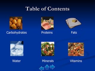 Table of Contents Proteins Carbohydrates Fats Water Minerals Vitamins 