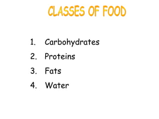 1.   Carbohydrates
2. Proteins
3. Fats
4. Water
 