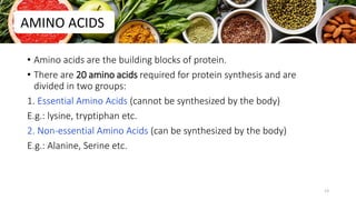 • Amino acids are the building blocks of protein.
• There are 20 amino acids required for protein synthesis and are
divided in two groups:
1. Essential Amino Acids (cannot be synthesized by the body)
E.g.: lysine, tryptiphan etc.
2. Non-essential Amino Acids (can be synthesized by the body)
E.g.: Alanine, Serine etc.
AMINO ACIDS
13
 