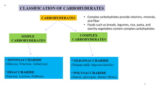 • Complex carbohydrates provide vitamins, minerals,
and fiber
• Foods such as breads, legumes, rice, pasta, and
starchy vegetables contain complex carbohydrates
22
 