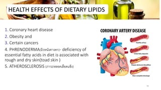 HEALTH EFFECTS OF DIETARY LIPIDS
1. Coronary heart disease
2. Obesity and
3. Certain cancers
4. PHRENODERMA(ผิวหนังคำงคก)- deficiency of
essential fatty acids in diet is associated with
rough and dry skin(toad skin )
5. ATHEROSCLEROSIS (ภำวะหลอดเลือดแข็ง)
56
 