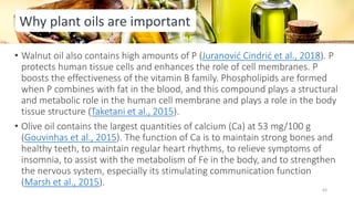 Why plant oils are important
• Walnut oil also contains high amounts of P (Juranović Cindrić et al., 2018). P
protects human tissue cells and enhances the role of cell membranes. P
boosts the effectiveness of the vitamin B family. Phospholipids are formed
when P combines with fat in the blood, and this compound plays a structural
and metabolic role in the human cell membrane and plays a role in the body
tissue structure (Taketani et al., 2015).
• Olive oil contains the largest quantities of calcium (Ca) at 53 mg/100 g
(Gouvinhas et al., 2015). The function of Ca is to maintain strong bones and
healthy teeth, to maintain regular heart rhythms, to relieve symptoms of
insomnia, to assist with the metabolism of Fe in the body, and to strengthen
the nervous system, especially its stimulating communication function
(Marsh et al., 2015).
63
 