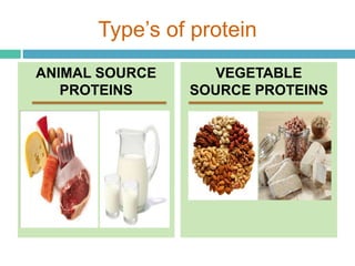 Type’s of protein
ANIMAL SOURCE
PROTEINS
VEGETABLE
SOURCE PROTEINS
 