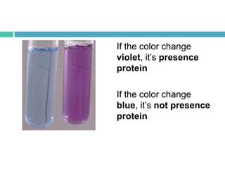 If the color change
violet, it’s presence
protein
If the color change
blue, it’s not presence
protein
 