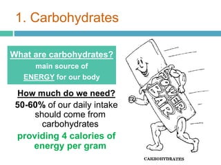 1. Carbohydrates
What are carbohydrates?
main source of
ENERGY for our body
How much do we need?
50-60% of our daily intake
should come from
carbohydrates
providing 4 calories of
energy per gram
 