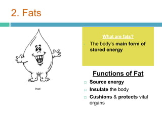 2. Fats
What are fats?
• The body’s main form of
stored energy
Functions of Fat
 Source energy
 Insulate the body
 Cushions & protects vital
organs
 