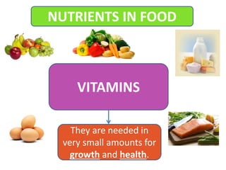 NUTRIENTS IN FOOD
VITAMINS
They are needed in
very small amounts for
growth and health.
 