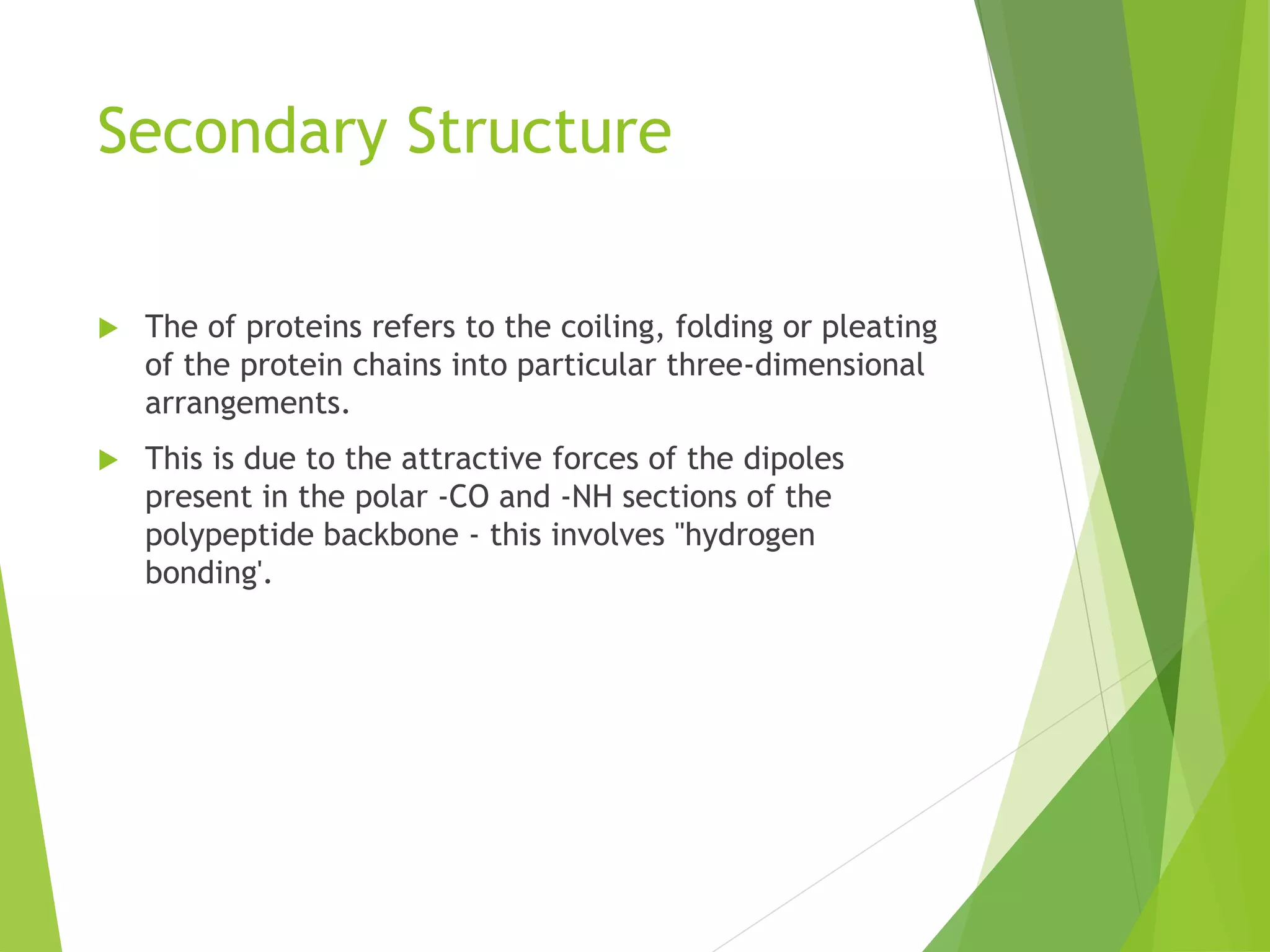Secondary Structure
 The of proteins refers to the coiling, folding or pleating
of the protein chains into particular three-dimensional
arrangements.
 This is due to the attractive forces of the dipoles
present in the polar -CO and -NH sections of the
polypeptide backbone - this involves "hydrogen
bonding'.
 