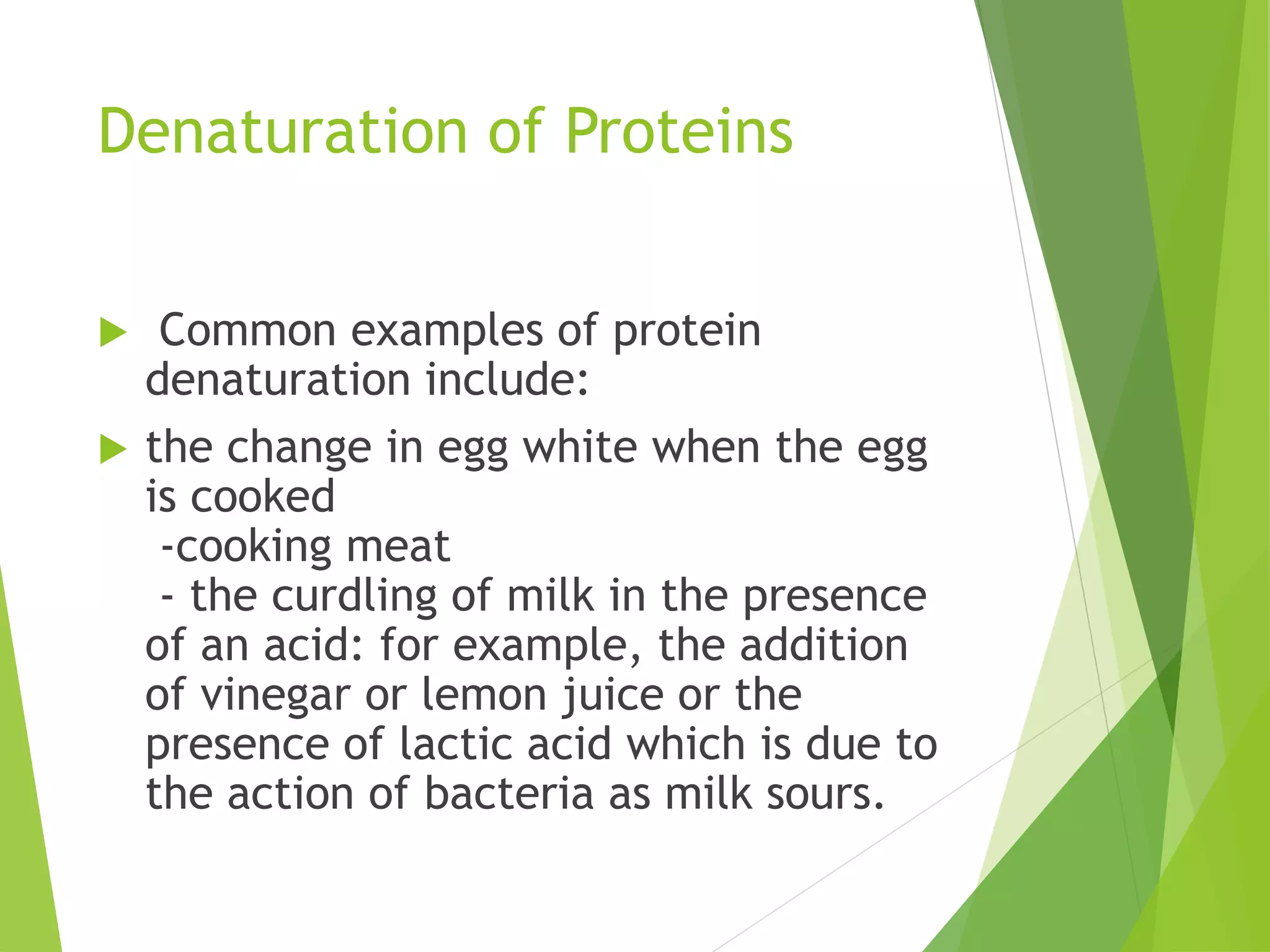 Denaturation of Proteins
 Common examples of protein
denaturation include:
 the change in egg white when the egg
is cooked
-cooking meat
- the curdling of milk in the presence
of an acid: for example, the addition
of vinegar or lemon juice or the
presence of lactic acid which is due to
the action of bacteria as milk sours.
 