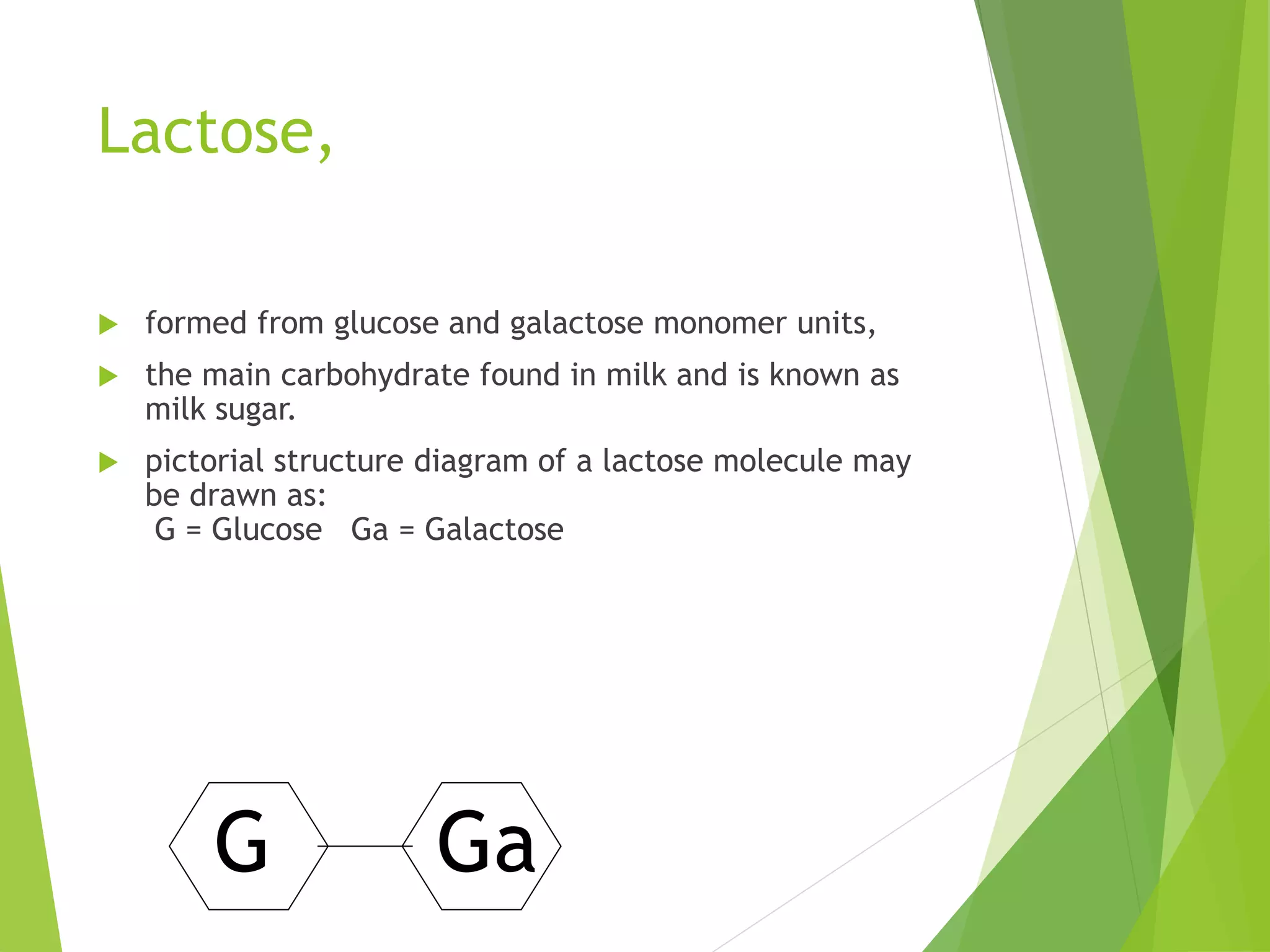 Lactose,
 formed from glucose and galactose monomer units,
 the main carbohydrate found in milk and is known as
milk sugar.
 pictorial structure diagram of a lactose molecule may
be drawn as:
G = Glucose Ga = Galactose
G Ga
 