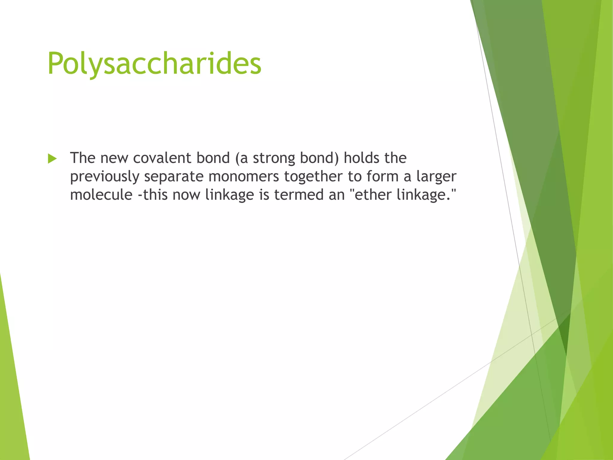 Polysaccharides
 The new covalent bond (a strong bond) holds the
previously separate monomers together to form a larger
molecule -this now linkage is termed an "ether linkage."
 