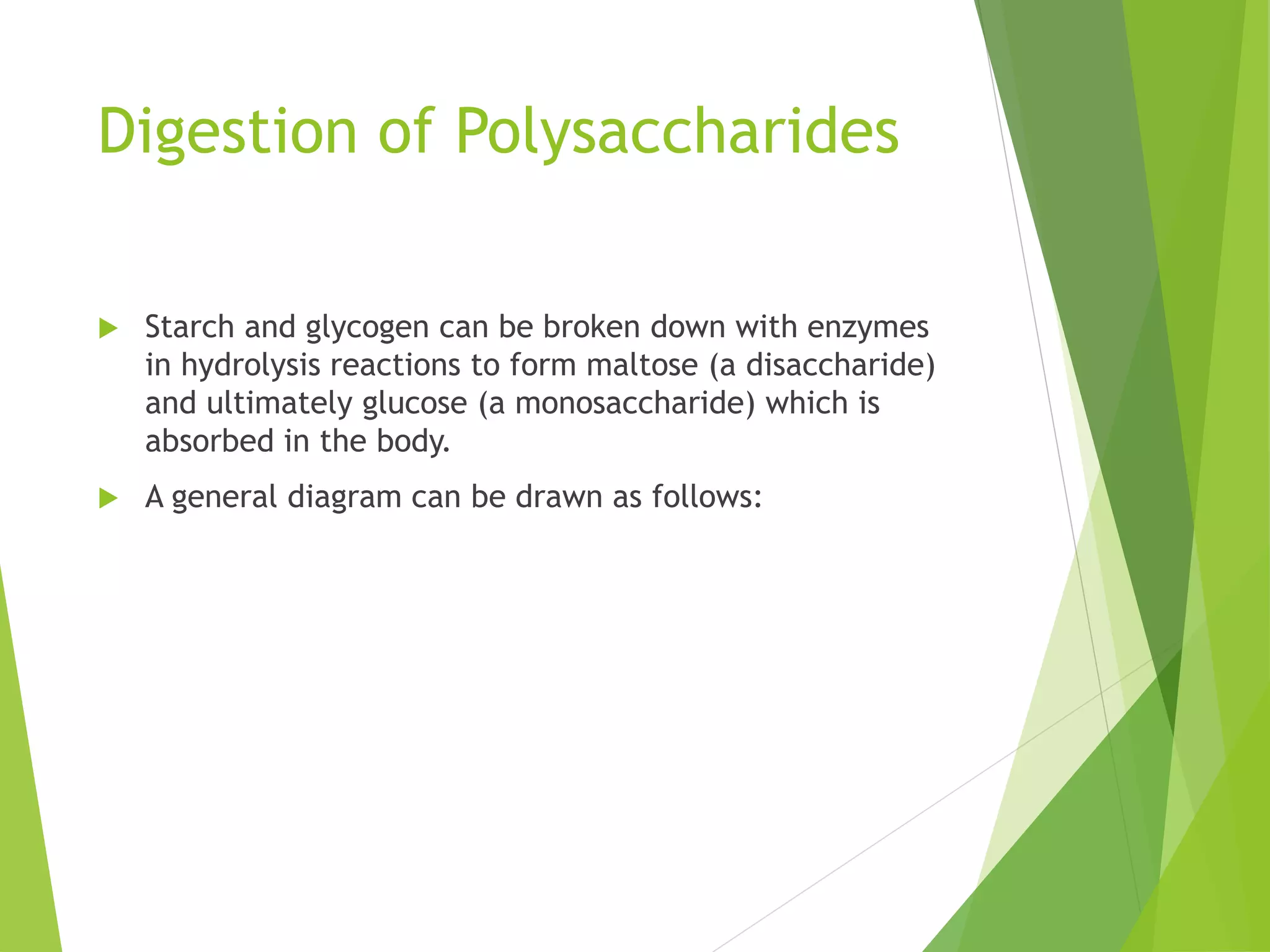 Digestion of Polysaccharides
 Starch and glycogen can be broken down with enzymes
in hydrolysis reactions to form maltose (a disaccharide)
and ultimately glucose (a monosaccharide) which is
absorbed in the body.
 A general diagram can be drawn as follows:
 
