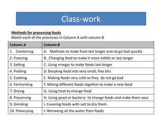 Class-work
Column A Column B
1. Combining A. Methods to make food last longer and no go bad quickly
2. Freezing B . Changing food to make it more edible or last longer
3. Salting C. Using vinegar to make foods last longer
4. Pickling D. Breaking food into very small, fine bits
5. Cooking E. Making foods very cold so they do not go bad
6. Fermenting F. Mixing different foods together to make a new food
7. Drying G. Using heat to change food
8. Preserving H. Using yeast or bacteria to change foods and make them sour
9. Grinding I. Covering foods with salt to dry them.
10. Processing J. Removing all the water from foods
Methods for processing foods
Match each of the processes in Column A with column B
 