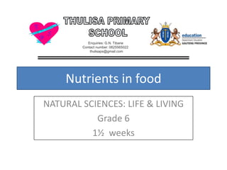 Nutrients in food
NATURAL SCIENCES: LIFE & LIVING
Grade 6
1½ weeks
Enquiries: G.N. Tibane
Contact number: 0825565022
thulisaps@gmail.com
 