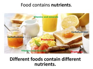 Food contains nutrients.
Different foods contain different
nutrients.
Vitamins and minerals
Proteins
Carbohydrates
Fats
Vitamins and minerals
Carbohydrates
Proteins
 