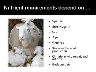    Species
   Size (weight)
   Sex
   Age
   Genetics
   Stage and level of
    production
   Climate, environment, and
    activity.
   Body condition
 