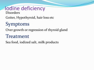 Iodine deficiency
Disorders
Goiter, Hypothyroid, hair loss etc
Symptoms
Over growth or regression of thyroid gland
Treatment
Sea food, iodized salt, milk products
 
