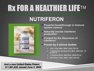 NUTRIFERON
                                     Powerful breakthrough in immune
                                      system science
                                     Naturally boosts interferon
                                      production
                                     Created by the discoverer of
                                      interferon
                                     Proven by 4 clinical studies
                                           Am J Chin Med. 2004; 32(5):755-70.
                                          J Alternative Complement Med. 2004 Apr; 10
                                          (2):397-9.
                                         J Gastroenterol. 2004 Sep; 39(9):873-8.
                                           Clin Pharm Ther. 2004; 14(2):129-142.


And a new United States Patent
 # 7,381,435, issued June 3, 2008
 