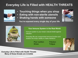 Everyday Life is Filled with HEALTH THREATS

                   • Touching things when you shop
                   • Eating with non-sterile utensils
                   • Shaking hands with someone
                     You’re exposed every single day of your life


                                 Your Immune System in the Real World
                              Immune system is your body’s natural shield against
                              infection.

                              Everyday life can compromise immune function and
                              weaken the body’s ability to make interferon

                                         Poor nutrition         Pollution
                                         Stress                 Fatigue



Everyday Life Is Filled with Health Threats
   Many of those threats are invisible
 