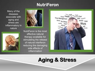NutriFeron
  Many of the
    diseases
 associate with
    aging and
    stress are
inflammatory in
      nature
                  NutriFeron is the most
                      effective natural
                   therapy available for
                  stimulating the release
                    of natural interferon
                  reducing the damaging
                       side effects of
                        inflammation



                                Aging & Stress
 