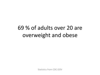 69 % of adults over 20 are
overweight and obese
Statistics from CDC.GOV
 