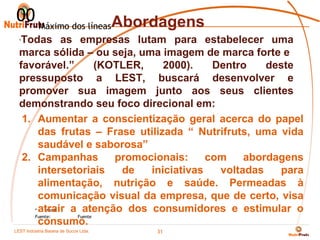 00 Máximo dos líneasAbordagens
  “Todas as empresas lutam para estabelecer uma
  marca sólida – ou seja, uma imagem de marca forte e
  favorável.”          (KOTLER,    2000).    Dentro    deste
  pressuposto a LEST, buscará desenvolver e
  promover sua imagem junto aos seus clientes
  demonstrando seu foco direcional em:
   1. Aumentar a conscientização geral acerca do papel
        das frutas – Frase utilizada “ Nutrifruts, uma vida
        saudável e saborosa”
   2. Campanhas           promocionais:     com    abordagens
        intersetoriais     de   iniciativas   voltadas   para
        alimentação, nutrição e saúde. Permeadas à
        comunicação visual da empresa, que de certo, visa
      * atrair a atenção dos consumidores e estimular o
           Nota
      Fuente:   Fuente
        consumo.
LEST Indústria BaianaSão Sucos S.A
Telecomunicações de de Paulo Ltda.
                                     31
 