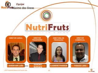 00 Máximo dos líneas
      Equipe




       DIRETOR GERAL                   DIRETOR          DIRETORA DE       DIRETOR
                                     FINANCEIRO          PRODUÇÃO        COMERCIAL




         *    Nota
      EVERTON LUÍS                    SANDRO           LUZIENE PASSOS
       Fuente:              Fuente                                      THIAGO LIRA
                                      BORGES
LEST Indústria BaianaSão Sucos S.A
Telecomunicações de de Paulo Ltda.
                                                  33
 