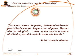 00 Máximo dos líneasmotiva a cada dia de nossas vidas!
      Frase que nos




       “O sucesso nasce do querer, da determinação e da
       persistência em se chegar a um objetivo. Mesmo
       não se atingindo o alvo, quem busca e vence
       obstáculos, no mínimo fará coisas admiráveis.”

                                          Autor: José de Alencar


         *    Nota
         Fuente:            Fuente


LEST Indústria BaianaSão Sucos S.A
Telecomunicações de de Paulo Ltda.
                                     34
 