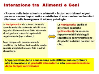 La  Nutrigenomica  è la scienza che studia come le molecole contenute nei cibi siano in grado di intervenire sul DNA, attivando alcuni geni o al contrario regolandoli negativamente ( up- o -down ).  Sono comprese in questo campo le modifiche che l'alimentazione della madre apporta al metabolismo del feto e quindi al nascituro. Interazione tra  Alimenti e Geni Alcune delle interazioni tra alimenti – fattori nutrizionali e geni possono essere importanti e contribuire ai meccanismi molecolari alla base della insorgenza di alcune patologie. La  Nutrigenetica   studia le differenze genetiche ( polimorfismi)   che causano risposte variabili dei singoli soggetti alla somministrazione di specifici nutrienti presenti nel cibo.  L’applicazione delle conoscenze scientifiche può contribuire alla innovazione di  prodotti alimentari  e alla  personalizzazione della terapia nutrizionale 