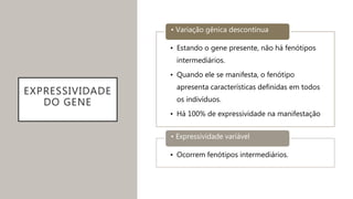 EXPRESSIVIDADE
DO GENE
• Estando o gene presente, não há fenótipos
intermediários.
• Quando ele se manifesta, o fenótipo
apresenta características definidas em todos
os indivíduos.
• Há 100% de expressividade na manifestação
• Variação gênica descontínua
• Ocorrem fenótipos intermediários.
• Expressividade variável
 