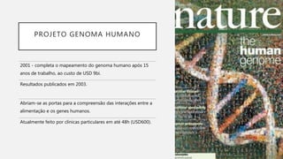 PROJETO GENOMA HUMANO
2001 - completa o mapeamento do genoma humano após 15
anos de trabalho, ao custo de USD 9bi.
Resultados publicados em 2003.
Abriam-se as portas para a compreensão das interações entre a
alimentação e os genes humanos.
Atualmente feito por clínicas particulares em até 48h (USD600).
 