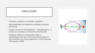 ANALOGIA
• Fármacos e genética vs Nutrição e genética
• Individualização do tratamento mediante variações
genômicas
• Surgem os termos “Nutrigenética”, “Nutrigenômica”, e
iniciam-se os estudos da “Genômica Nutricional”.
• Proposta: melhorar a saúde pela análise e
interpretação dos laços entre nossa alimentação e o
funcionamento do nosso organismo a nível molecular
(Simopoulos, 2004)
 