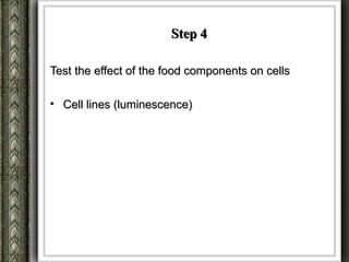 Step 4

Test the effect of the food components on cells

• Cell lines (luminescence)
 