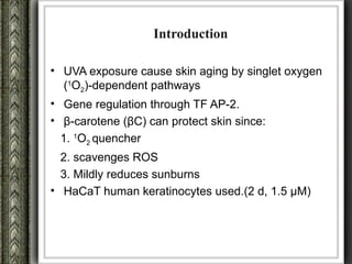 Introduction

• UVA exposure cause skin aging by singlet oxygen
  (1O2)-dependent pathways
• Gene regulation through TF AP-2.
• β-carotene (βC) can protect skin since:
  1. 1O2 quencher
  2. scavenges ROS
  3. Mildly reduces sunburns
• HaCaT human keratinocytes used.(2 d, 1.5 µM)
 