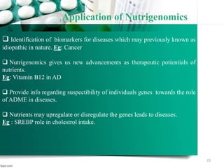 23
Application of Nutrigenomics
 Identification of biomarkers for diseases which may previously known as
idiopathic in nature. Eg: Cancer
 Nutrigenomics gives us new advancements as therapeutic potientials of
nutrients.
Eg: Vitamin B12 in AD
 Provide info regarding suspectibility of individuals genes towards the role
of ADME in diseases.
 Nutrients may upregulate or disregulate the genes leads to diseases.
Eg : SREBP role in cholestrol intake.
 