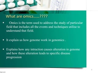What are omics……????
 Omics is the term used to address the study of particular
field that includes all the events and techniques utilise to
understand that field.
 It explain us how genome work in genomics .
 Explains how any intraction causes alteration in genome
and how these alteration leads to specific disease
progression
6
 