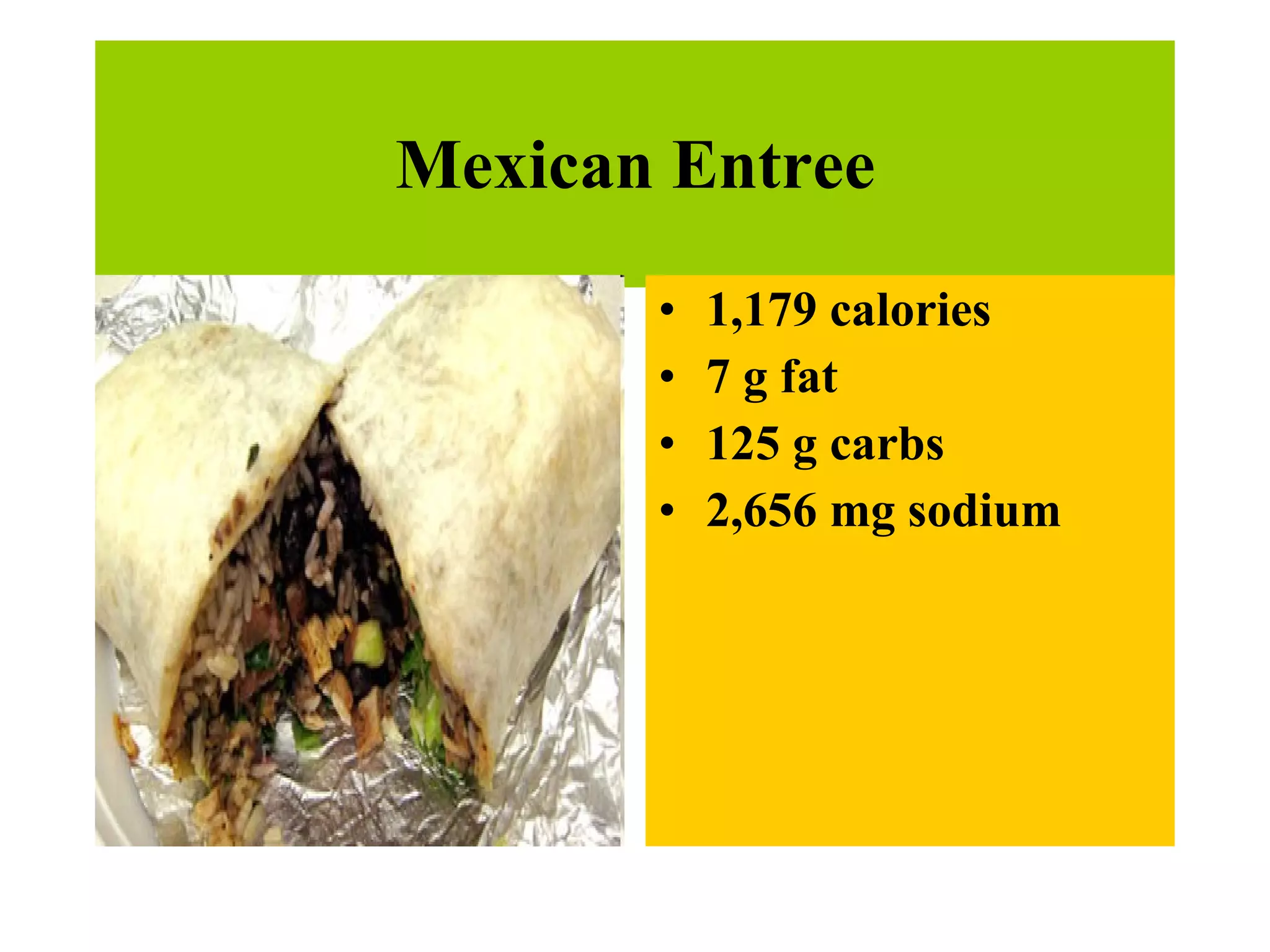 Mexican Entree 1,179 calories 7 g fat  125 g carbs  2,656 mg sodium   